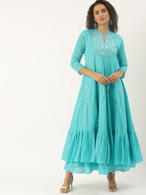 

Soch Women Turquoise Blue Embroidered Panelled A-Line Dress with Gathered Detail