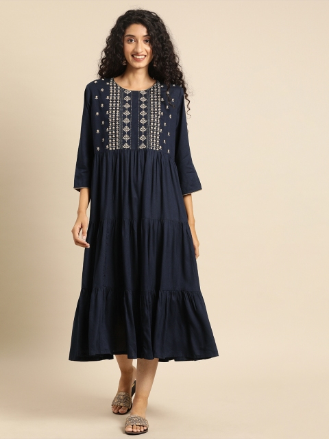 

Soch Women Navy Blue Embroidered Fit and Flare Dress