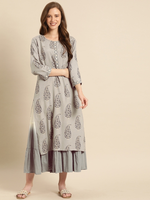 

Soch Women Grey & Gold-Toned Printed A-Line Layered Dress