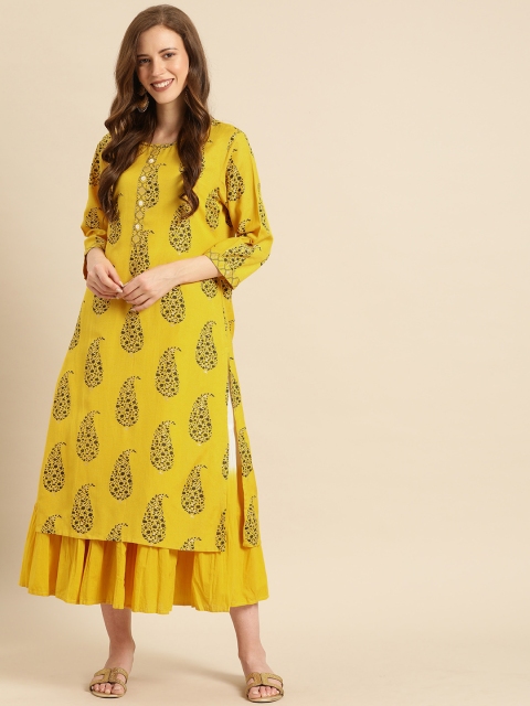 

Soch Women Mustard Yellow & Brown Printed A-Line Layered Dress