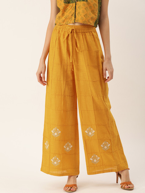 

Soch Women Mustard Yellow Self-Checked Straight Palazzos With Embroidered Detailing