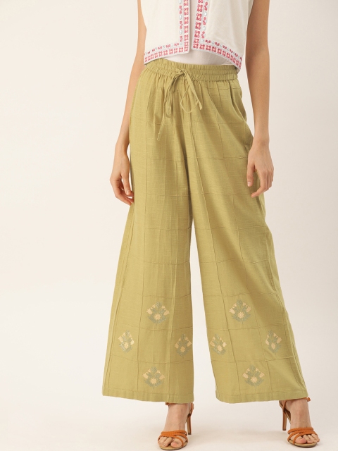 

Soch Women Khaki Self-Checked Straight Palazzos With Embroidered Detailing