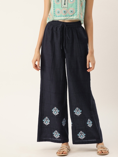 

Soch Women Navy Blue Self-Checked Straight Palazzos With Embroidered Detailing