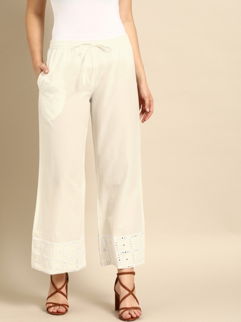 

Soch Women White Solid Straight Palazzos With Embellished Detailing