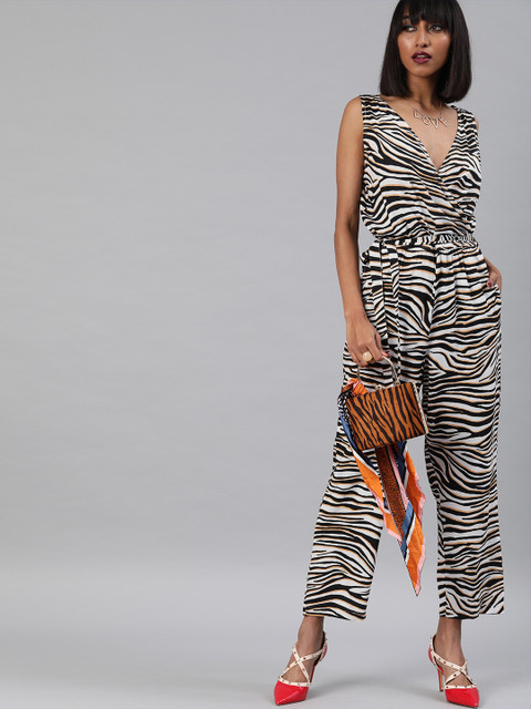 

Sera Women White & Mustard Yellow Zebra Print Wrap Front Basic Jumpsuit