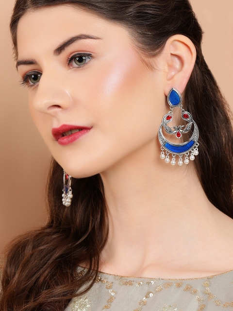 

Rubans Silver-Plated & Blue Oxidised Handcrafted Classic Drop Earrings