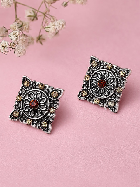 

Rubans Silver-Plated & Black Oxidised Handcrafted Square Studs