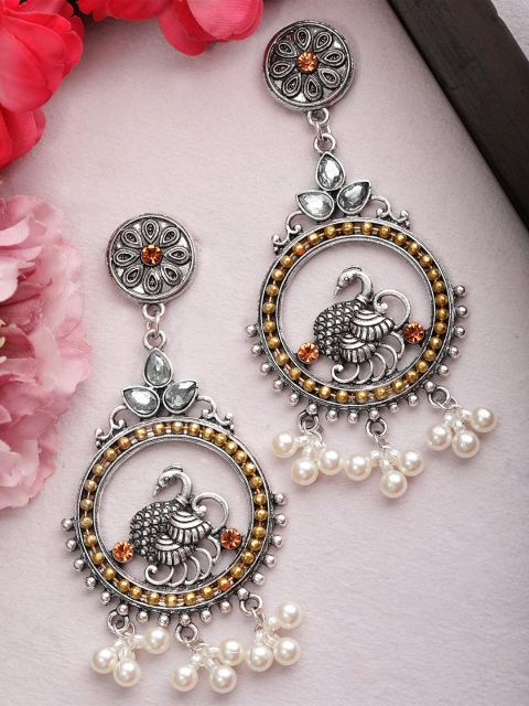 

Rubans Silver-Plated Oxidised Peacock Shaped Drop Earrings