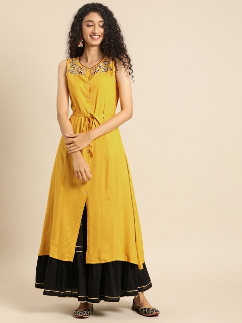 

IMARA Women Mustard Embroidered A-Line Kurta