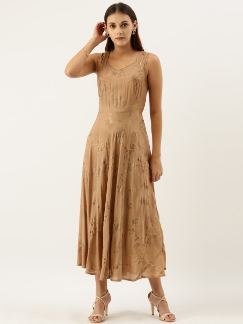 

IMARA Women Beige & Golden Printed A-Line Dress