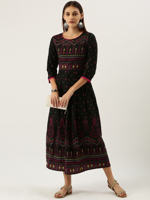 

IMARA Women Black & Pink Printed A-Line Kurta