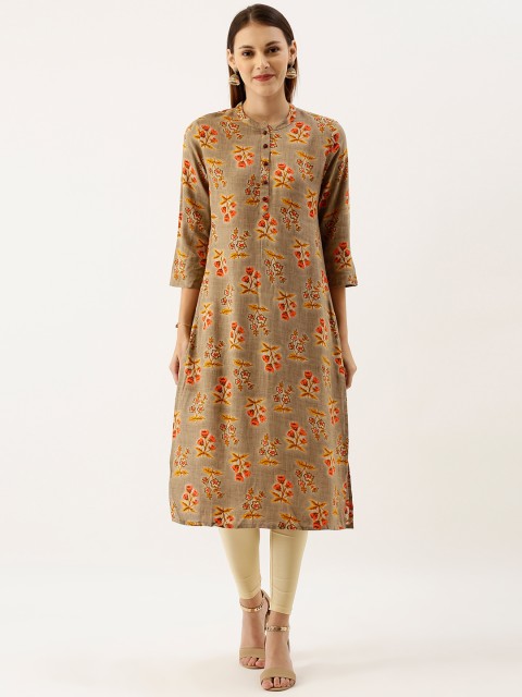 

IMARA Women Beige & Orange Floral Printed Straight Kurta