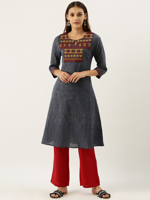 

IMARA Women Grey Embroidered A-Line Kurta