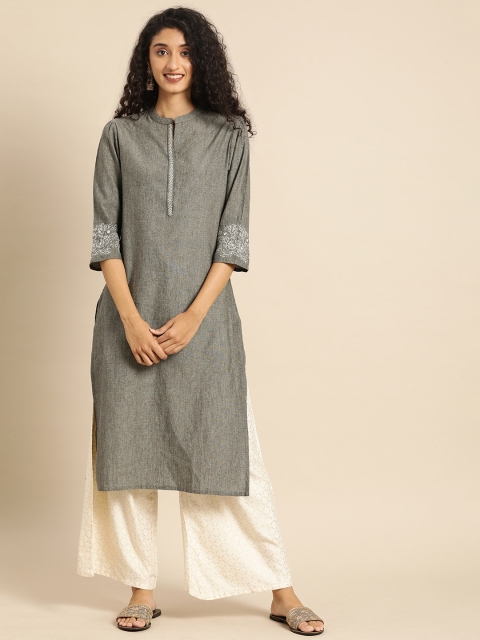 

IMARA Women Grey Solid Straight Kurta With Thread Work