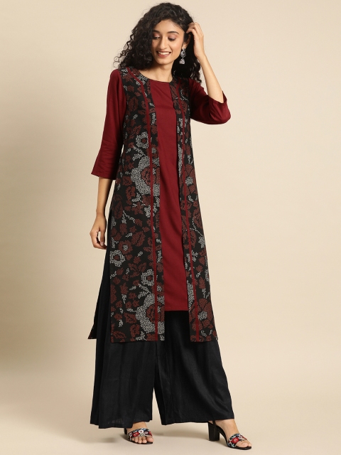 

IMARA Women Maroon & Black Printed Straight Panelled Kurta