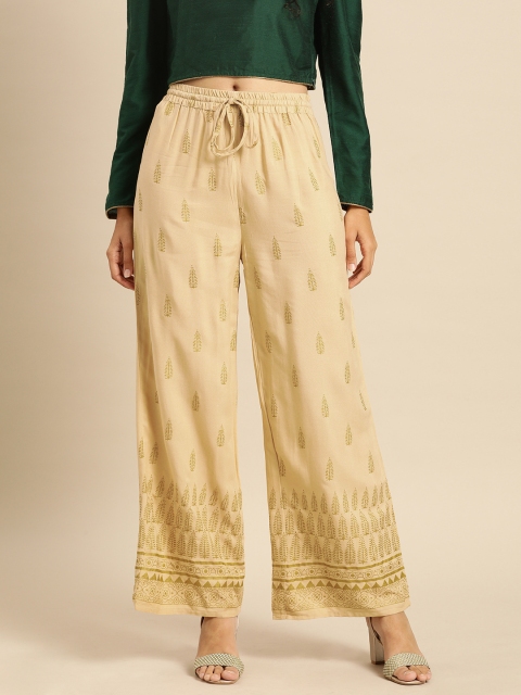 

IMARA Women Beige & Gold-Toned Printed Straight Palazzos