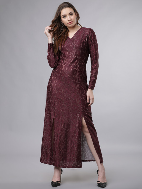 

Tokyo Talkies Women Maroon Self Design Maxi Dress