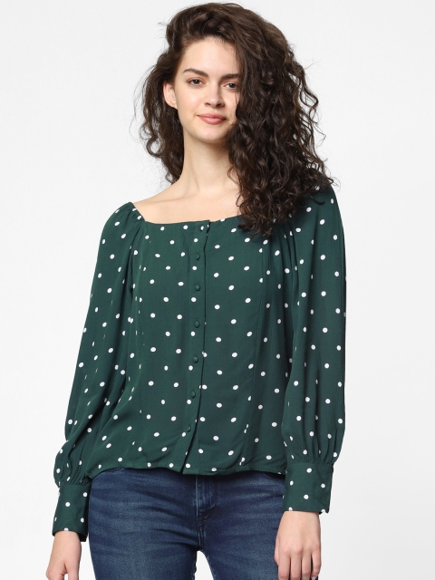 

ONLY Women Green & White Polka Dot Printed Top