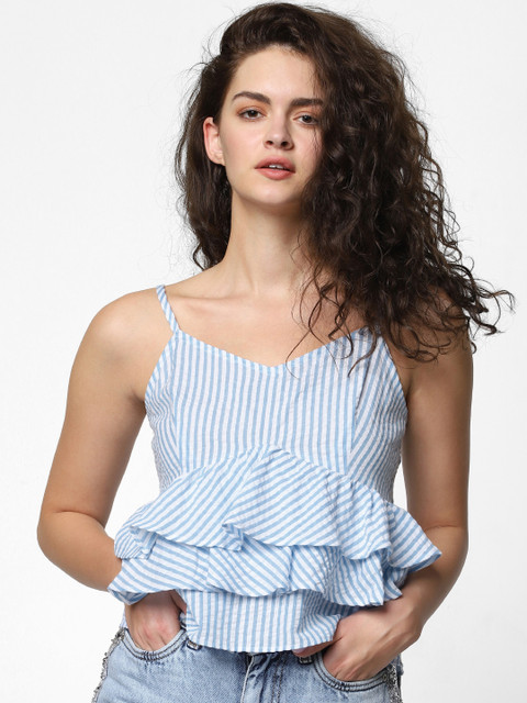 

ONLY Women White & Blue Striped Crop Peplum Pure Cotton Top