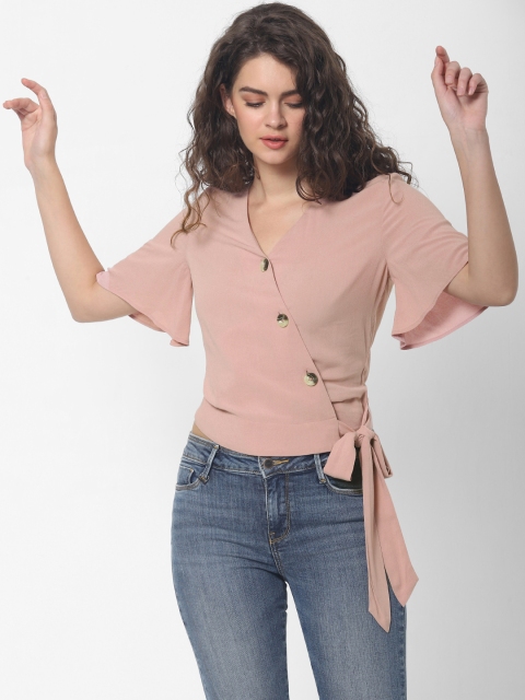 

ONLY Women Pink Solid Wrap Top with Tie Ups