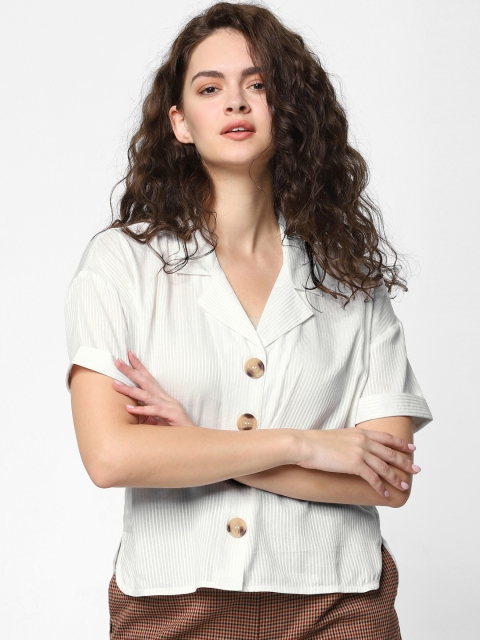 

ONLY Women White Regular Fit Striped Casual Cuban Collar Shirt