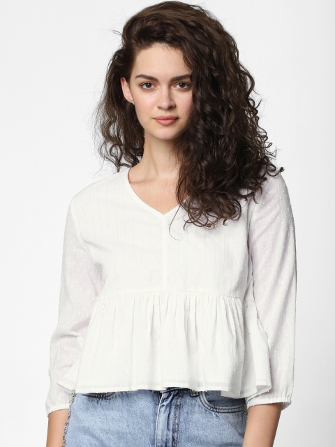 

ONLY Women White Self Design Cinched Waist Top with Gathers