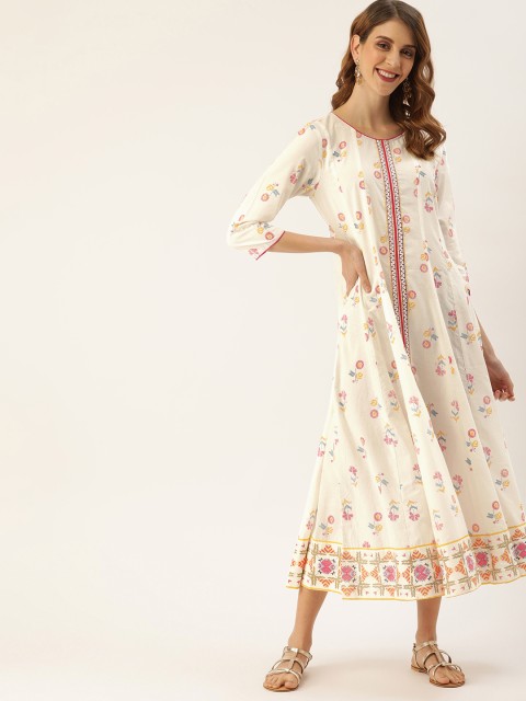 

IMARA Women White & Pink Printed A-Line Dress