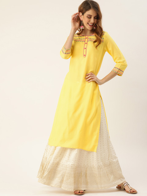 

IMARA Women Yellow Solid Straight Kurta with Printed Detail