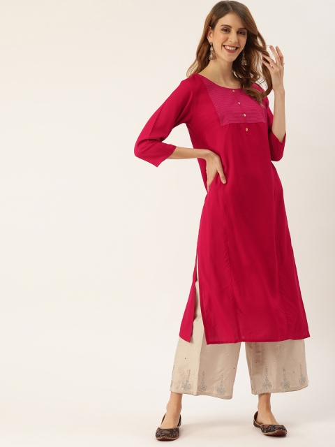 

IMARA Women Pink Solid Straight Kurta with Embroidered Detail