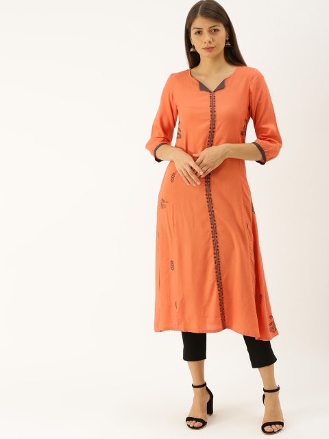 

IMARA Women Orange & Black Printed Straight Kurta