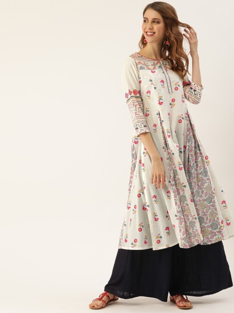 

IMARA Women White & Pink Printed A-Line Panelled Kurta