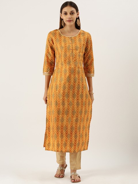 

IMARA Women Mustard Yellow & Beige Printed Kurta with Pyjamas