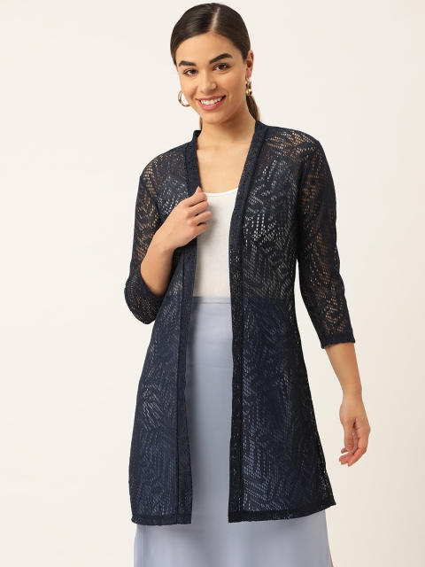 

WISSTLER Women Navy Blue Self Design Lace Semi Sheer Open Front Shrug