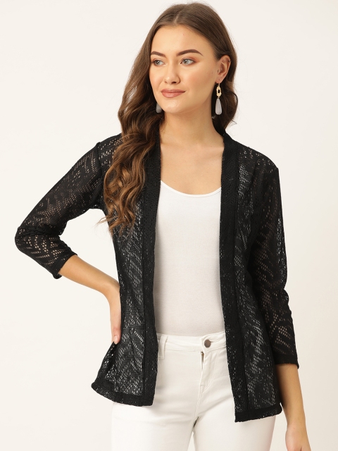 

WISSTLER Women Black Self Design Lace Semi Sheer Open Front Shrug