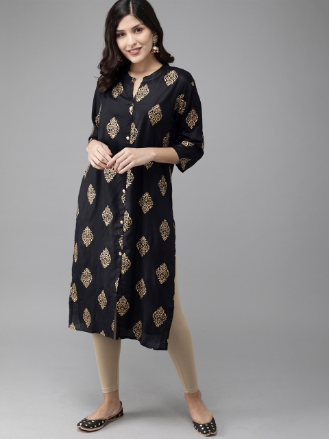 

INDE by MISH Women Black & Gold-Toned Printed Straight Kurta