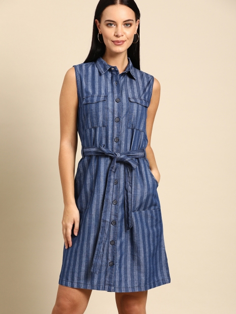 

Ms.Taken Women Blue Striped Chambray Shirt Dress