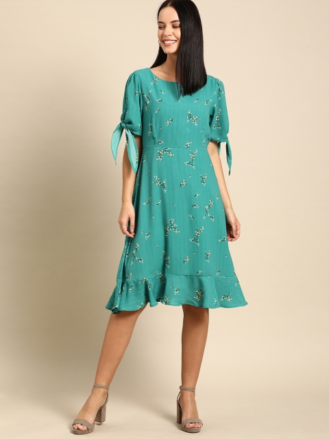 

Ms.Taken Women Teal Green Printed A-Line Dress