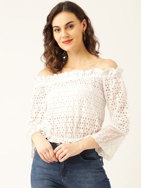 

Marc Loire Women White Schiffli Embroidered Sheer Bardot Crop Top