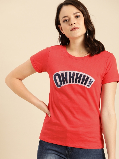 

Ms.Taken Women Coral Red Self Design Round Neck T-shirt With Embellishments