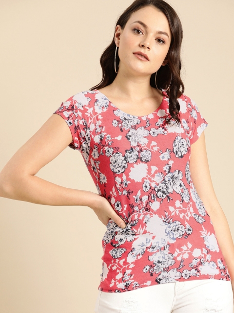 

Ms.Taken Women Pink & White Printed Round Neck T-shirt