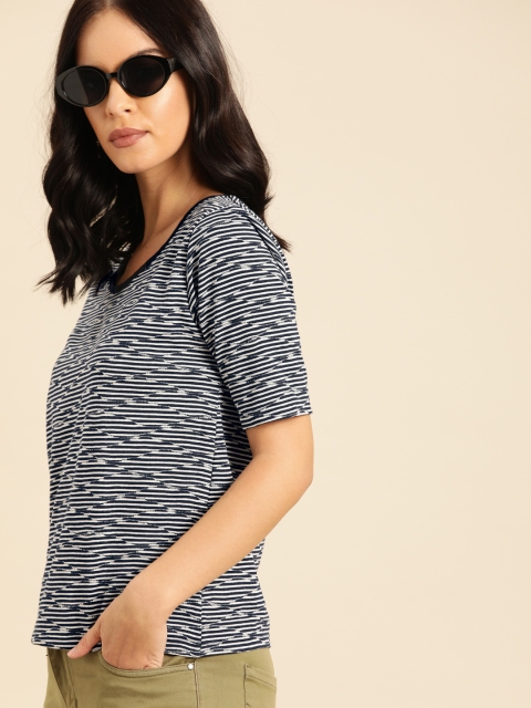 

Ms.Taken Women White & Navy Blue Striped Round Neck T-shirt