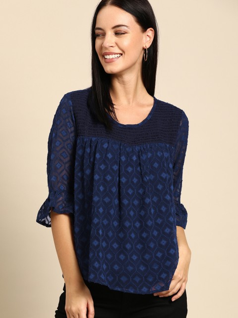 

Ms.Taken Women Navy Blue Self Design Top with Smocking