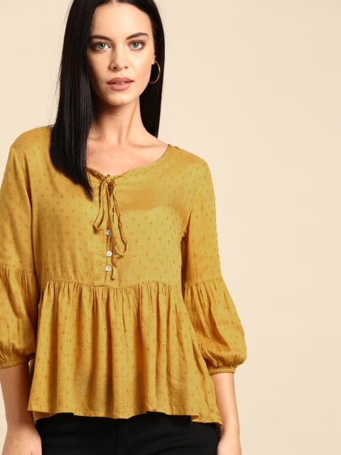 

Ms.Taken Women Mustard Yellow Self Design Top With Gathered Detail
