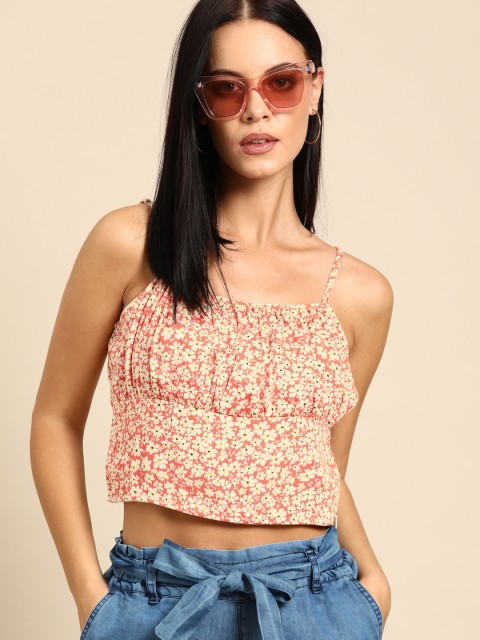 

Ms.Taken Women Coral Pink & Off-White Printed Top