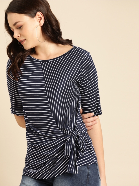 

Ms.Taken Women Navy Blue & White Striped Top With Tie-Up Detail