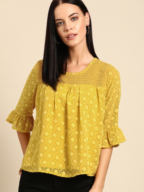 

Ms.Taken Women Mustard Yellow Self Design Top