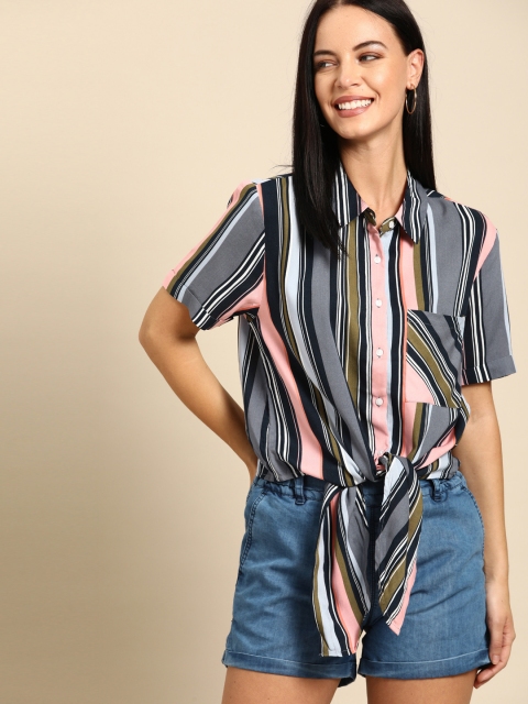 

Ms.Taken Women Pink & Grey Regular Fit Striped Casual Shirt