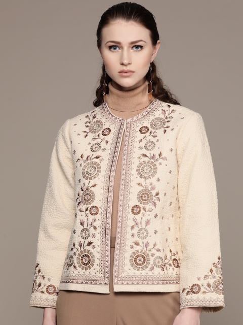 

Label Ritu Kumar Women Cream-Coloured & Brown Embroidered Tailored Jacket