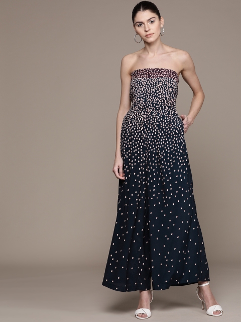 

Label Ritu Kumar Women Navy Blue & White Printed Basic Tube Jumpsuit
