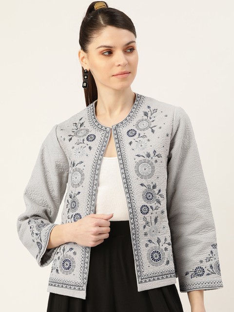

Label Ritu Kumar Women Grey & Blue Embroidered Open Front Ethnic Jacket